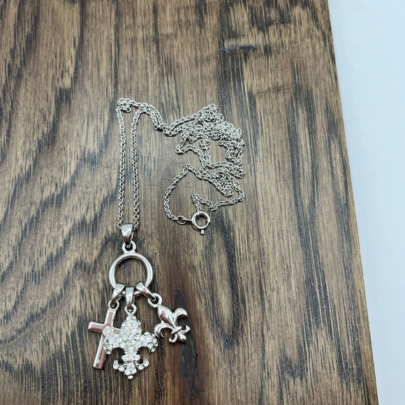 Silver Charm Necklace with Cross and Fleur-de-lis with Rhinestones Necklace - Picture 9 of 14